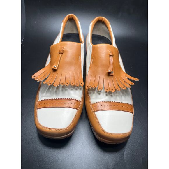 Walter Genuin Linea Stretch White Tan Kilties Golf Leather 8.5 Kilt Shoes Italy - Picture 2 of 7